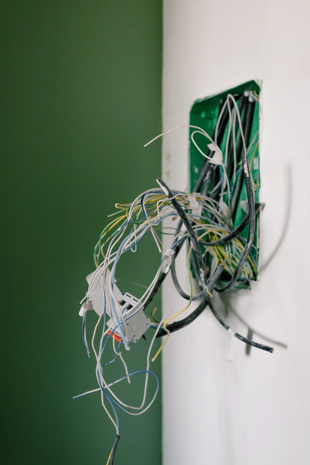 Old wiring spilling out of a junction box, for electrician in Hamilton