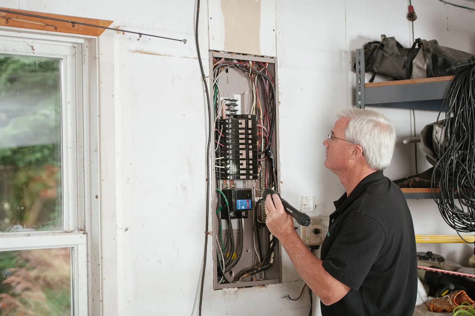 An electrician checking an open residential panel by torchlight, for licensed electrician in Hamilton